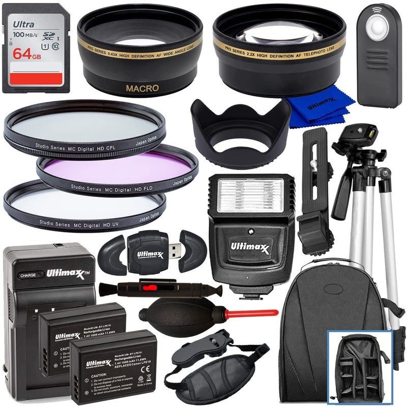 Ultimaxx 58MM Accessory Kit for Canon EOS Rebel T7, T6, T5, T3, T100, 4000D, 3000D, 2000D, 1500D, 1300D, 1200D 1100D, and More; Includes: 2X LP-E10 Batteries, Filter Kits, Backpack & More - Image 1
